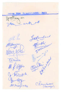 All India tour of the West Indies 1953. A page signed in ink by all seventeen members of the Indian touring party including the manager Ramaswami. Signatures include Hazare (Captain), Mankad, Gaekwad, Apte, Umrigar, Shodham, Roy, Ramchand, Joshi, Gadkari 