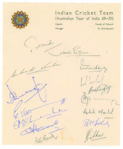 Indian Cricket Team (Australia Tour of India 1969/70). Rare official autograph sheet with printed title signed in ink by fifteen Indian players who played Australia in India in 1969/70. Signatures include Nawab of Pataudi (Captain), Engineer, Bedi, Venkat