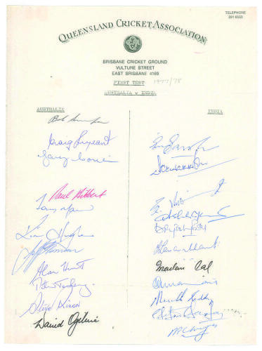 Indian tour of Australia 1977/78. Official &lsquo;Queensland Cricket Association&rsquo; autograph sheet with printed title signed in ink by the Australian and Indian teams who played in the first Test at Brisbane. Signatures include Simpson, Cosier, Hughes, Thomson, 