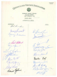 Indian tour of Australia 1977/78. Official &lsquo;Queensland Cricket Association&rsquo; autograph sheet with printed title signed in ink by the Australian and Indian teams who played in the first Test at Brisbane. Signatures include Simpson, Cosier, Hughes, Thomson, 