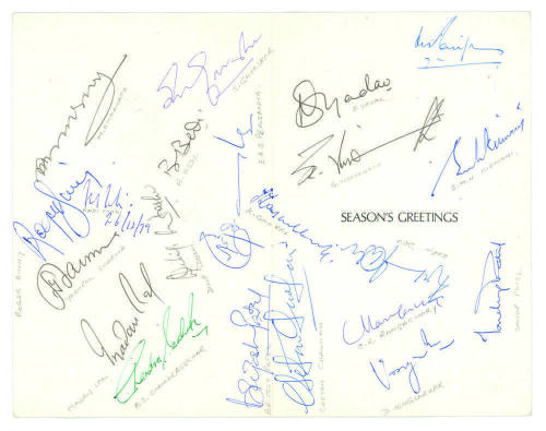 Indian v Pakistan and Australia. Season 1979/80. A Christmas card featuring a tiger cub to the front cover signed in ink by twenty one Indian players. Signatures include Gavaskar, Amarnath, Bedi, Sharma, Binny, Prasanna, Kirmani, Kapil Dev etc. Good condi