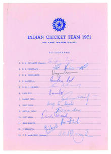 India v England 1981/82. Official autograph sheet with printed title and players&rsquo; names, signed in ink by the thirteen listed members of the India team for the 3rd Test, Delhi, 23rd- 28th December 1981. Signatures are Gavaskar, (Captain), Vishwanath, Veng