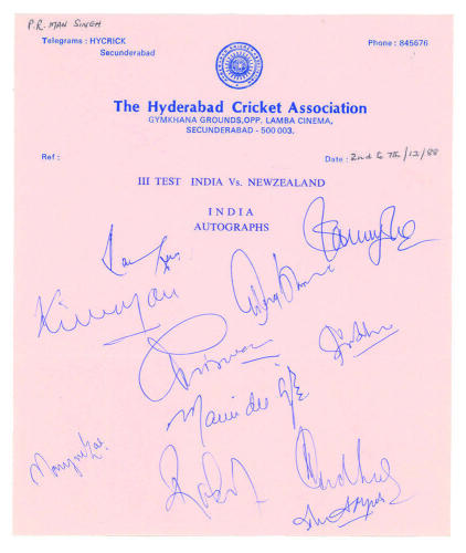 Indian v New Zealand. 3rd Test, Hyderabad 1988/89. Official autograph sheet with printed title signed in ink by the Indian team who played New Zealand in the 3rd Test match. Signatures include Kapil Dev, Manjrekar, Srikkanth, Ayub, Sidhu, Sharma, More etc