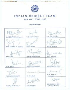 &lsquo;India tour to England 1990&rsquo;. Official autograph sheet with printed title and players&rsquo; names, signed in ink by all eighteen listed members of the Indian touring party. Signatures are Azharuddin (Captain), Shastri, Kapil Dev, Sidhu, Hirwani, Prabhakar, Ven