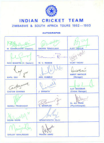 India tour to Zimbabwe & South Africa 1992/93. Rarer official autograph sheet with printed title and players&rsquo; names, signed in various coloured inks by all nineteen listed members of the Indian touring party. Signatures include Azharuddin (Captain), Shast
