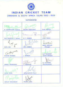 India tour to Zimbabwe & South Africa 1992/93. Rarer official autograph sheet with printed title and players&rsquo; names, signed in various coloured inks by all nineteen listed members of the Indian touring party. Signatures include Azharuddin (Captain), Shast