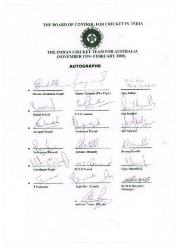 India tour to Australia 1999/2000. Official autograph sheet with printed title and players&rsquo; names, signed in ink by all nineteen of the listed members of the Indian touring party. Signatures include Tendulkar (Captain), Ganguly, Kanitkar, Dravid, Laxman, 