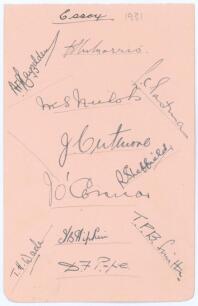 Essex C.C.C. 1931. Album page nicely signed in ink by the eleven members of the Essex team for the match v Kent at Colchester, 1st & 2nd July 1931. Signatures are Morris (Captain), Eastman, Nichols, Cutmore, Sheffield, O&rsquo;Connor, Wade, Hipkin, Smith, Pope,