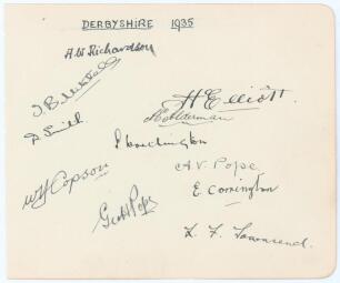 Derbyshire C.C.C. 1935. Large album page very nicely signed in ink by the eleven members of the Derbyshire team that played against Surrey at Kennington Oval, 15th & 16th May 1935. Signatures are Richardson (Captain), Mitchell, Smith, Elliott, Alderman, W
