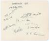 Derbyshire C.C.C. 1935. Large album page very nicely signed in ink by the eleven members of the Derbyshire team that played against Surrey at Kennington Oval, 15th & 16th May 1935. Signatures are Richardson (Captain), Mitchell, Smith, Elliott, Alderman, W
