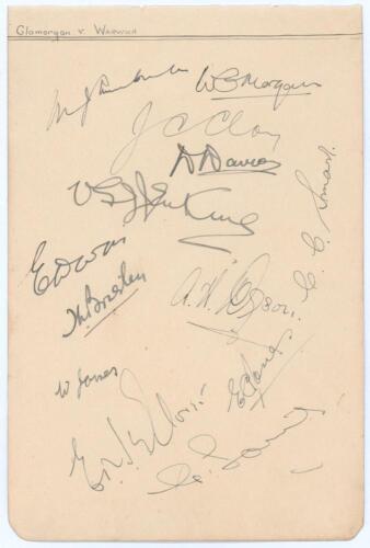Glamorgan C.C.C. c.1933/34. Album page nicely signed in ink by thirteen members of the Glamorgan team. Handwritten title in ink &lsquo;Glamorgan v Warwick&rsquo;. Signatures are Turnbull (Captain), W.G. Morgan, Clay, D. Davies, Jenkins, Smart, E. Davies, Brierley, D