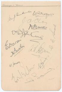 Glamorgan C.C.C. c.1933/34. Album page nicely signed in ink by thirteen members of the Glamorgan team. Handwritten title in ink &lsquo;Glamorgan v Warwick&rsquo;. Signatures are Turnbull (Captain), W.G. Morgan, Clay, D. Davies, Jenkins, Smart, E. Davies, Brierley, D
