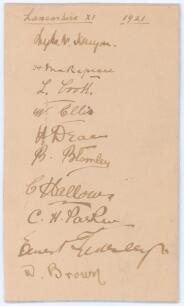 Lancashire C.C.C. 1921. Album page laid to trimmed card, nicely signed in ink by ten members of the Lancashire team that played Sussex at Old Trafford, 1st & 2nd June 1921. Signatures are Kenyon (Captain), Makepeace, Cook, Ellis, Dean, Blomley, Hallows, P