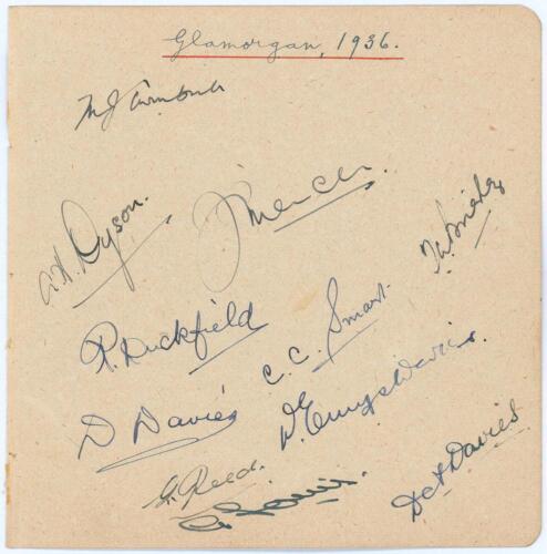 Glamorgan C.C.C. 1936. Album page nicely signed in ink by the eleven members of the Glamorgan team that played against Yorkshire at Hull, 1st- 3rd July 1936. Signatures are Turnbull (Captain), Dyson, Mercer, Brierley, Duckfield, Smart, D. Davies, D.E. Dav