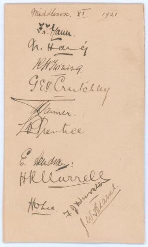 Middlesex C.C.C. 1921. Album page laid to trimmed card, very nicely signed in ink by eleven members of the Middlesex team. Signatures are Mann (Captain), Haig, Twining, Crutchley, Tanner, Hendren, Murrell, H.W. Lee, Durston, J.W. Hearne, and the rarer Les