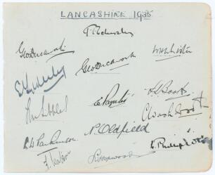 Lancashire C.C.C. 1935. Large album page nicely signed in ink by thirteen members of the Lancashire team, including the eleven who played against Surrey at Kennington Oval, 20th- 23rd July 1935. Signatures are Eckersley (Captain), Duckworth (signed twice)
