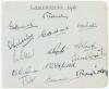 Lancashire C.C.C. 1935. Large album page nicely signed in ink by thirteen members of the Lancashire team, including the eleven who played against Surrey at Kennington Oval, 20th- 23rd July 1935. Signatures are Eckersley (Captain), Duckworth (signed twice)