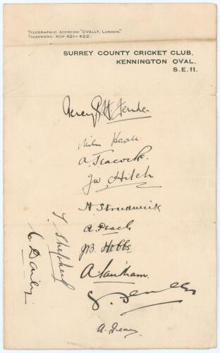 Surrey C.C.C. c.1924/25. Page on official Club letterhead, very nicely signed in ink by twelve members of the Surrey team. Signatures are Fender (Captain), Howell, Jeacock, Hitch, Strudwick, Peach, Hobbs, Sandham, Fenley, Geary, Shepherd and Daily. Slight
