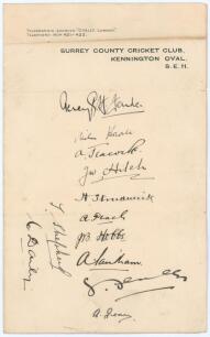 Surrey C.C.C. c.1924/25. Page on official Club letterhead, very nicely signed in ink by twelve members of the Surrey team. Signatures are Fender (Captain), Howell, Jeacock, Hitch, Strudwick, Peach, Hobbs, Sandham, Fenley, Geary, Shepherd and Daily. Slight