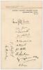 Surrey C.C.C. c.1924/25. Page on official Club letterhead, very nicely signed in ink by twelve members of the Surrey team. Signatures are Fender (Captain), Howell, Jeacock, Hitch, Strudwick, Peach, Hobbs, Sandham, Fenley, Geary, Shepherd and Daily. Slight