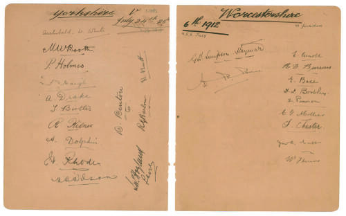 Worcestershire C.C.C 1912 and Yorkshire C.C.C. 1913. Large album page signed beautifully in ink to face by the Yorkshire team who played Nottinghamshire on the 24th-26th July 1913 at Dewsbury. Eleven signatures, Archibald W. White (Cpt), Booth, Holmes, Ha