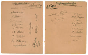 Worcestershire C.C.C 1912 and Yorkshire C.C.C. 1913. Large album page signed beautifully in ink to face by the Yorkshire team who played Nottinghamshire on the 24th-26th July 1913 at Dewsbury. Eleven signatures, Archibald W. White (Cpt), Booth, Holmes, Ha