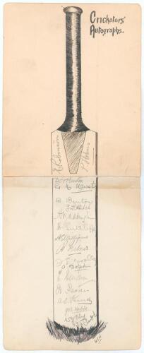 Yorkshire C.C.C. Champion County 1919. Two large joined album pages featuring an original pen and ink illustration of a cricket bat signed &lsquo;W.C.W.&rsquo; across the two pages with the hand printed title &lsquo;Cricketers&rsquo; Autographs&rsquo;. The face of the bat has been sig