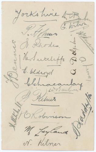 Yorkshire C.C.C. c.1923. Album page nicely signed by eighteen members of the Yorkshire team. Twelve signatures are in ink and appear to have been collected c.1923, the remaining six in pencil probably signed in the late 1920s. Signatures in ink are Wilson