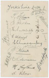 Yorkshire C.C.C. c.1923. Album page nicely signed by eighteen members of the Yorkshire team. Twelve signatures are in ink and appear to have been collected c.1923, the remaining six in pencil probably signed in the late 1920s. Signatures in ink are Wilson