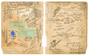 Kent, Lancashire and others. A page from an album signed in ink by ten Kent players to one side, to verso the signatures of ten Lancashire players plus many others. It is believed this is a page from A.J. Gaston&rsquo;s famous book in which he gathered the sign