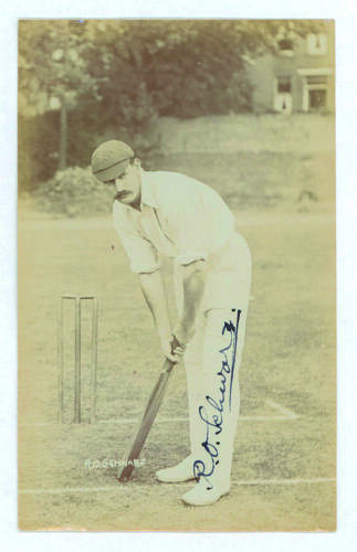 Reginald Oscar &lsquo;Reggie&rsquo; Schwarz, Middlesex, Transvaal & South Africa, 1901-1914. Early sepia real photograph postcard of Schwarz, full length in batting stance at the wicket. Beautifully signed in black ink by Schwarz. Foster of Brighton. Postally unused