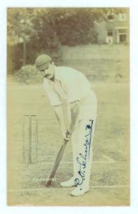 Reginald Oscar &lsquo;Reggie&rsquo; Schwarz, Middlesex, Transvaal & South Africa, 1901-1914. Early sepia real photograph postcard of Schwarz, full length in batting stance at the wicket. Beautifully signed in black ink by Schwarz. Foster of Brighton. Postally unused