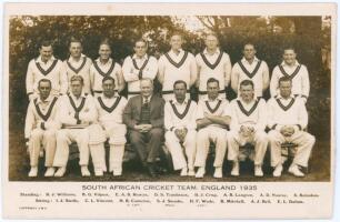 South African tour to England 1935. Official sepia real photograph postcard of the South African touring party seated and standing in rows wearing cricket attire. Very nicely signed in black ink to the verso by fifteen members of the touring party. Signat