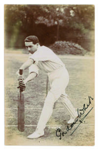 Gordon Charles White, Transvaal & South Africa, 1902-1912. Early sepia real photograph postcard of White, full length, stood at the wicket in batting pose. Nicely signed by White in black ink. Foster of Brighton. Postally unused. Good/very good condition