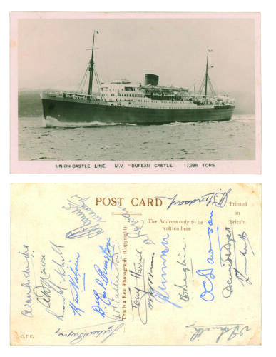 South African tour of England 1947. Mono real photograph postcard of Union-Castle Line. M.V. Durban Castle, the ship which took the South African team to England. Nicely signed to verso in ink by eighteen members of the touring party including Melville (C