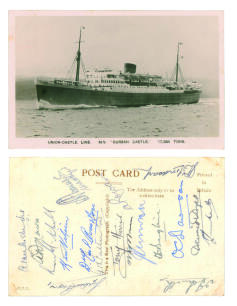 South African tour of England 1947. Mono real photograph postcard of Union-Castle Line. M.V. Durban Castle, the ship which took the South African team to England. Nicely signed to verso in ink by eighteen members of the touring party including Melville (C