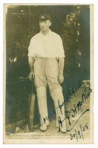 Albert John Young Hopkins. New South Wales & Australia. 1896-1914. Sepia postcard of Hopkins, full length, in batting attire wearing Australian cap and holding a bat to side. Nicely signed, Yours faithfully&rsquo; in black ink by Hopkins and dated &lsquo;30/9/1908. R