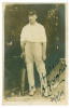 Albert John Young Hopkins. New South Wales & Australia. 1896-1914. Sepia postcard of Hopkins, full length, in batting attire wearing Australian cap and holding a bat to side. Nicely signed, Yours faithfully&rsquo; in black ink by Hopkins and dated &lsquo;30/9/1908. R