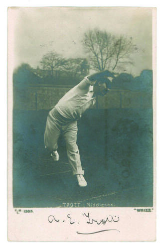 Albert Edwin Trott. Victoria, Middlesex, London County, Australia & England 1892-1910. Mono real photograph postcard of Trott in bowling pose. Nicely signed in ink to lower border. Printed title/caption &lsquo;Whizz&rsquo; to lower border. Hartmann series no. 1383. P