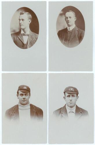 Australia early 1900s. Two early sepia real photograph postcards of studio portraits of Australians, one of Victor Trumper, the other of Albert &lsquo;Tibby&rsquo; Cotter. Both depicted head and shoulders in formal attire in oval cameo, c.1905. Sold with two further 