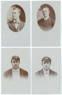 Australia early 1900s. Two early sepia real photograph postcards of studio portraits of Australians, one of Victor Trumper, the other of Albert &lsquo;Tibby&rsquo; Cotter. Both depicted head and shoulders in formal attire in oval cameo, c.1905. Sold with two further 