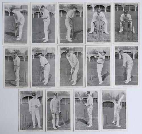 Australia 1909. Set of fourteen mono printed postcards featuring Australian Test cricketers, names printed to lower border. Cards are Noble (1, Captain, Australians 1906), Armstrong, Bardsley, Carkeek, Carter, Cotter, Gregory, Hopkins, Laver, McAlister, M