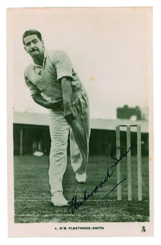Leslie O&rsquo;Brien Fleetwood-Smith. Victoria & Australia 1931-1940. Mono real photograph postcard of Fleetwood-Smith in bowling pose. Nicely signed in ink to postcard by Fleetwood-Smith. From the &lsquo;Australian Cricketers&rsquo; series 1938&rsquo;. Raphael Tuck series. Mino