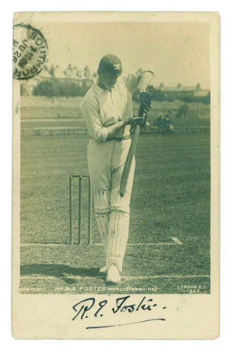 Reginald Erskine &lsquo;Tip&rsquo; Foster. Oxford University, Worcestershire & England 1897-1912. Real photograph postcard of Foster at the wicket posed playing a shot. Signed by Foster to lower border. Rapid Photo. Postally used and dated 1904. Postage hand stamp to