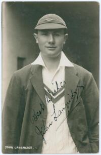 John Langridge. Sussex & England 1928-1955. Mono real photograph postcard of Langridge, half length, wearing sweater, blazer and Sussex cap. Nicely signed in black ink by Langridge. Deane, Wiles & Millar of Brighton. Small crease to top left hand corner, 