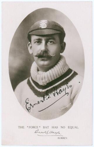 Ernest George Hayes. Surrey, London County, Leicestershire & England 1896-1926. Early mono real photograph postcard of Hayes, head and shoulders in cameo wearing Surrey cap. Nicely signed in black ink to the photograph by Hayes. &ldquo;Force&rdquo; Bat Series. Photo 