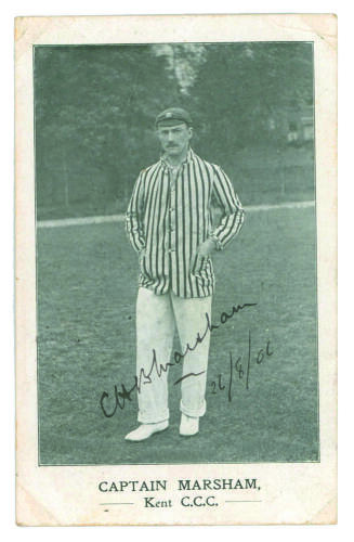 Cloudesley Henry Bullock &lsquo;Slug&rsquo; Marsham. Kent & Oxford University 1900-1922. Mono real photograph postcard of Marsham, full length, wearing Kent cap and striped blazer. Very nicely signed in ink to image and dated &lsquo;26th August 1906&rsquo;. Series unknown. Posta