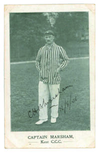 Cloudesley Henry Bullock &lsquo;Slug&rsquo; Marsham. Kent & Oxford University 1900-1922. Mono real photograph postcard of Marsham, full length, wearing Kent cap and striped blazer. Very nicely signed in ink to image and dated &lsquo;26th August 1906&rsquo;. Series unknown. Posta