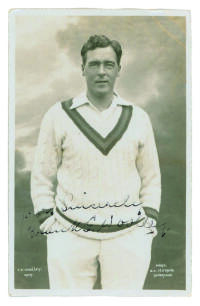 Frank Edward Woolley. Kent & England 1906-1938. Sepia real photograph postcard of Woolley, three quarter length wearing cricket attire. Nicely signed in black ink &lsquo;yours sincerely&rsquo; by Woolley. B.C. Flemons, Tonbridge. Bump to top right hand corner of the 