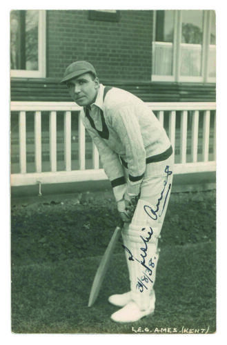 Leslie Ethelbert George &lsquo;Les&rsquo; Ames. Kent & England 1926-1951. Mono real photograph postcard of Ames, full length in batting pose. Nicely signed in black ink by Ames and dated &lsquo;August 1938&rsquo;. B.C. Flemons, Tonbridge. Good condition